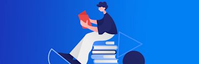 Illustration of a person sitting on a stack of books against a blue background, reading a red book. The person is wearing a dark shirt and white pants. Geometric shapes like circles and triangles are in the background.