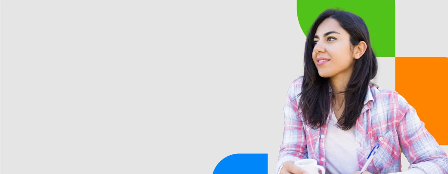 IDP New Banner - Person looking to the left against a grey background, with IDP colours behind them