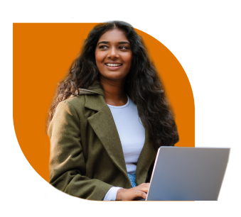 Professional in olive green coat using laptop against vibrant orange circular background